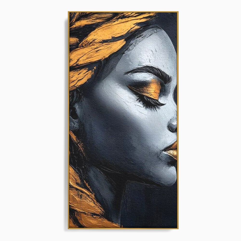 Tablou canvas cu tablou canvas cu profil de femeie, in rama de aluminiu auriu