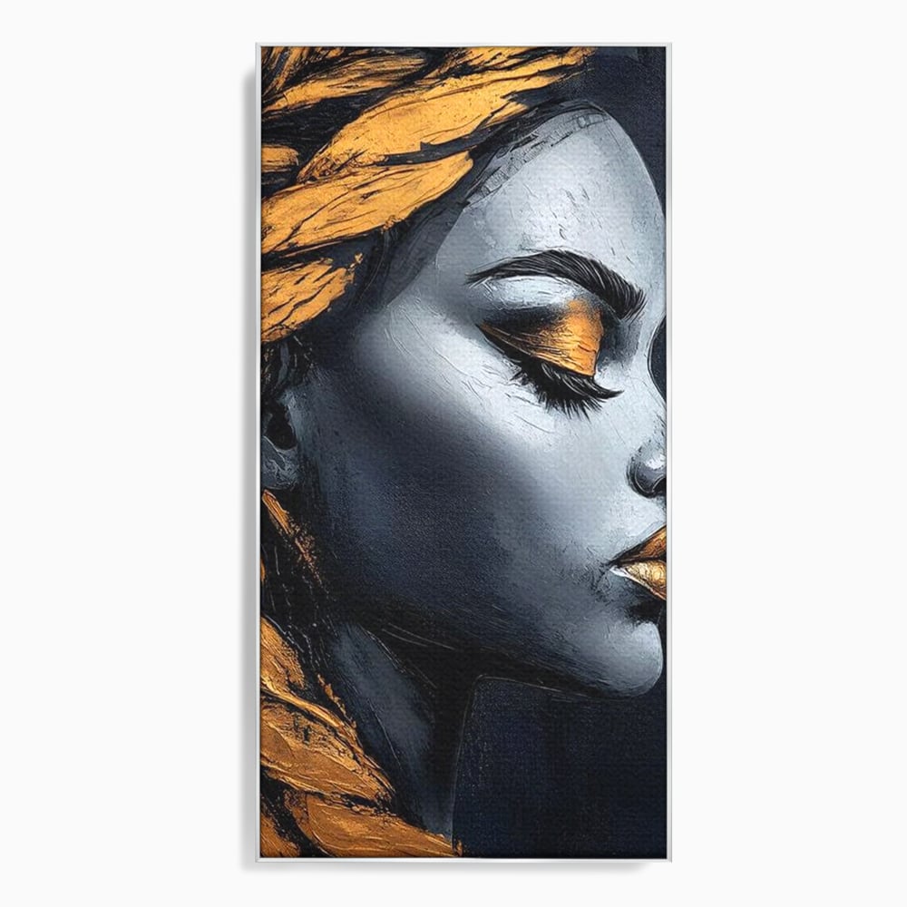 Tablou canvas cu tablou canvas cu profil de femeie, in rama de aluminiu argintiu