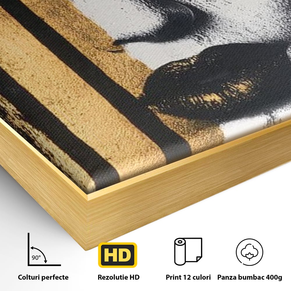 Detaliu al suprafetei: tablou canvas cu portret feminin si foita de aur, in rama de aluminiu auriu