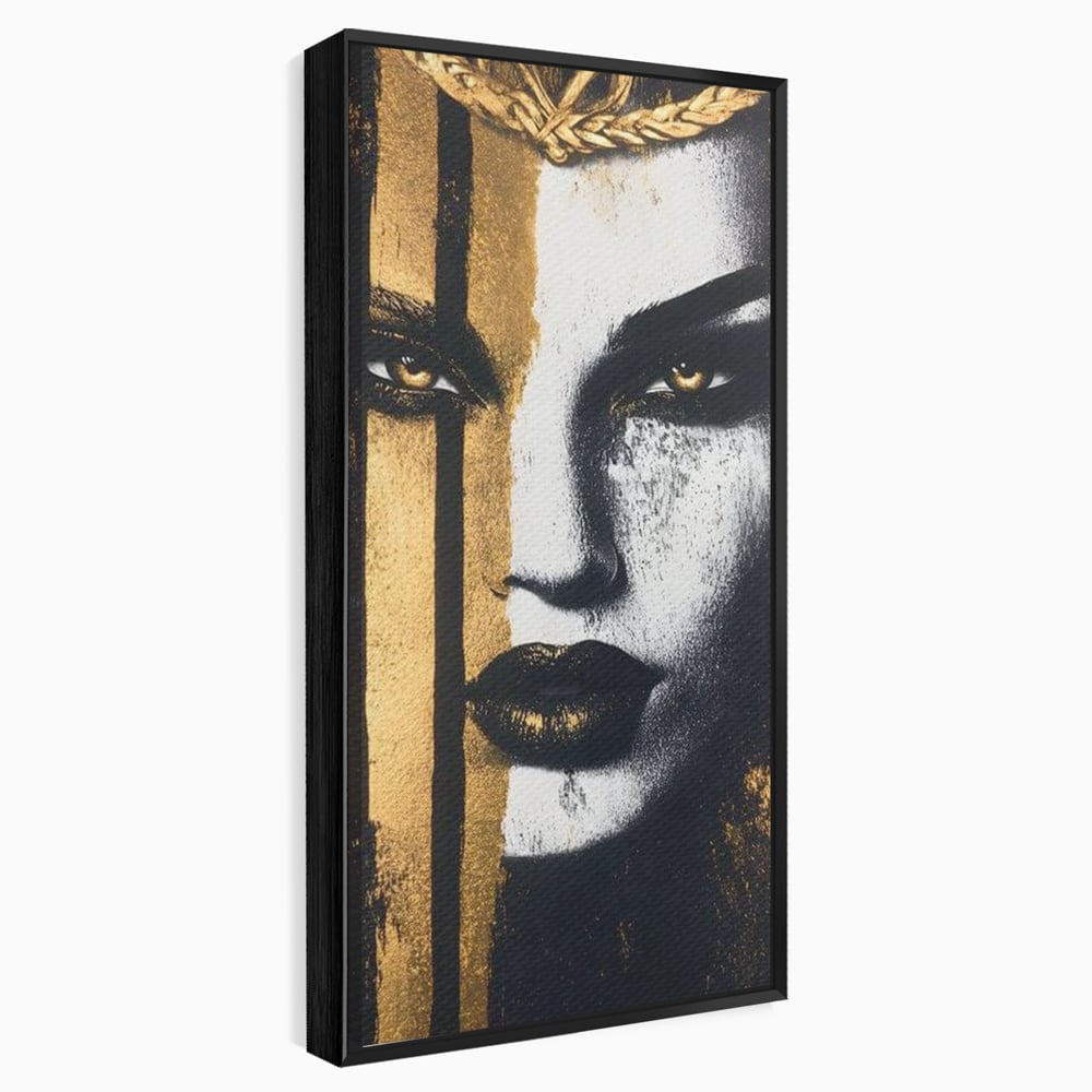 Tablou canvas cu tablou canvas cu portret feminin si foita de aur, in rama de aluminiu negru