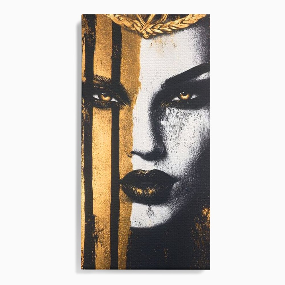Tablou canvas cu tablou canvas cu portret feminin si foita de aur, fara rama, pe sasiu de lemn
