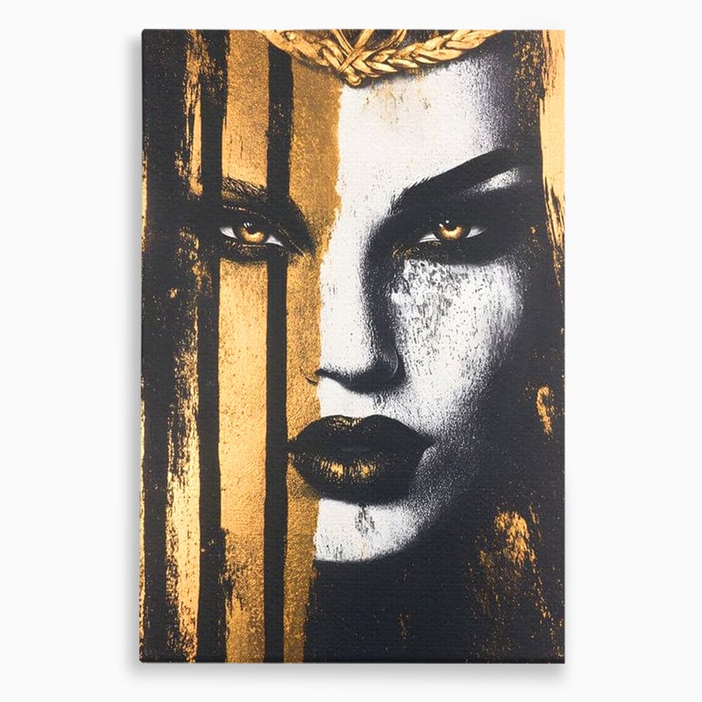 Tablou canvas cu tablou canvas cu portret feminin si foita de aur, fara rama, pe sasiu de lemn