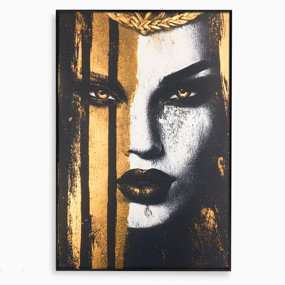 Tablou canvas cu tablou canvas cu portret feminin si foita de aur, in rama de aluminiu negru