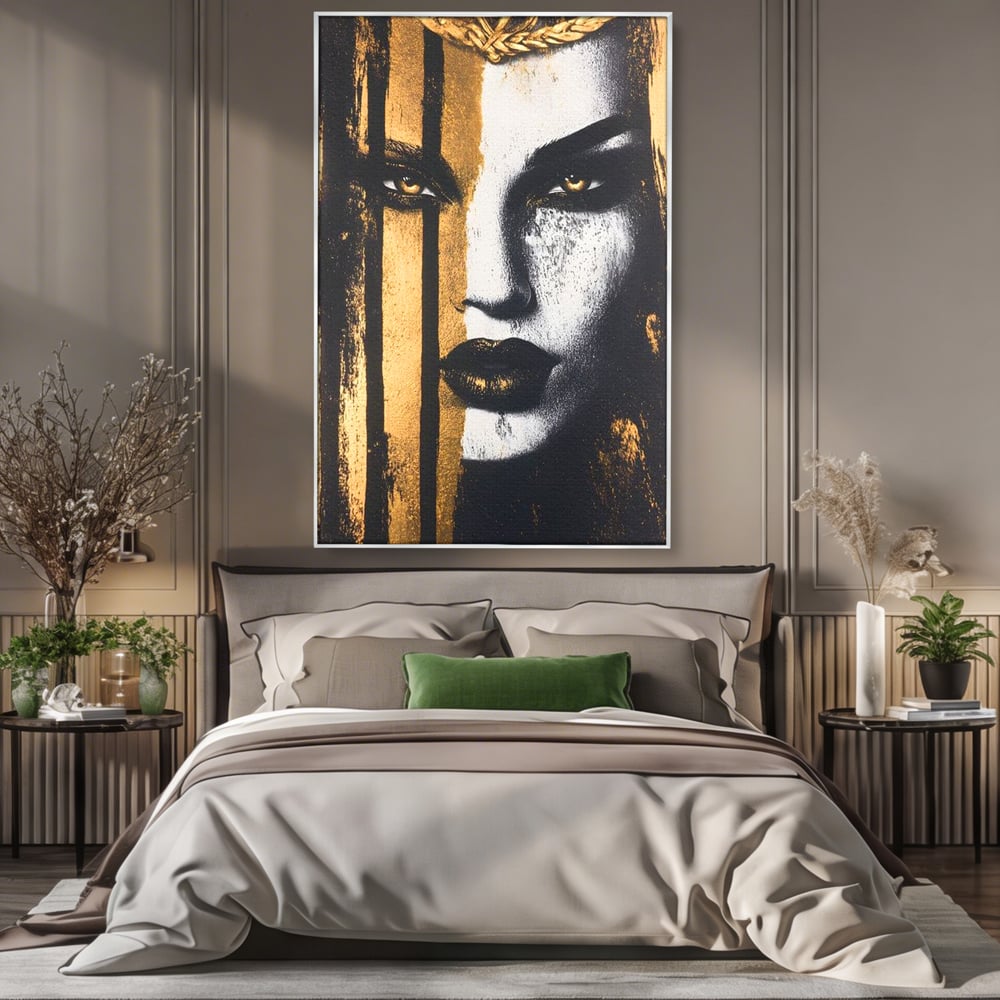 Tablou canvas cu tablou canvas cu portret feminin si foita de aur, in rama de aluminiu argintiu, pe perete intr-un dormitor
