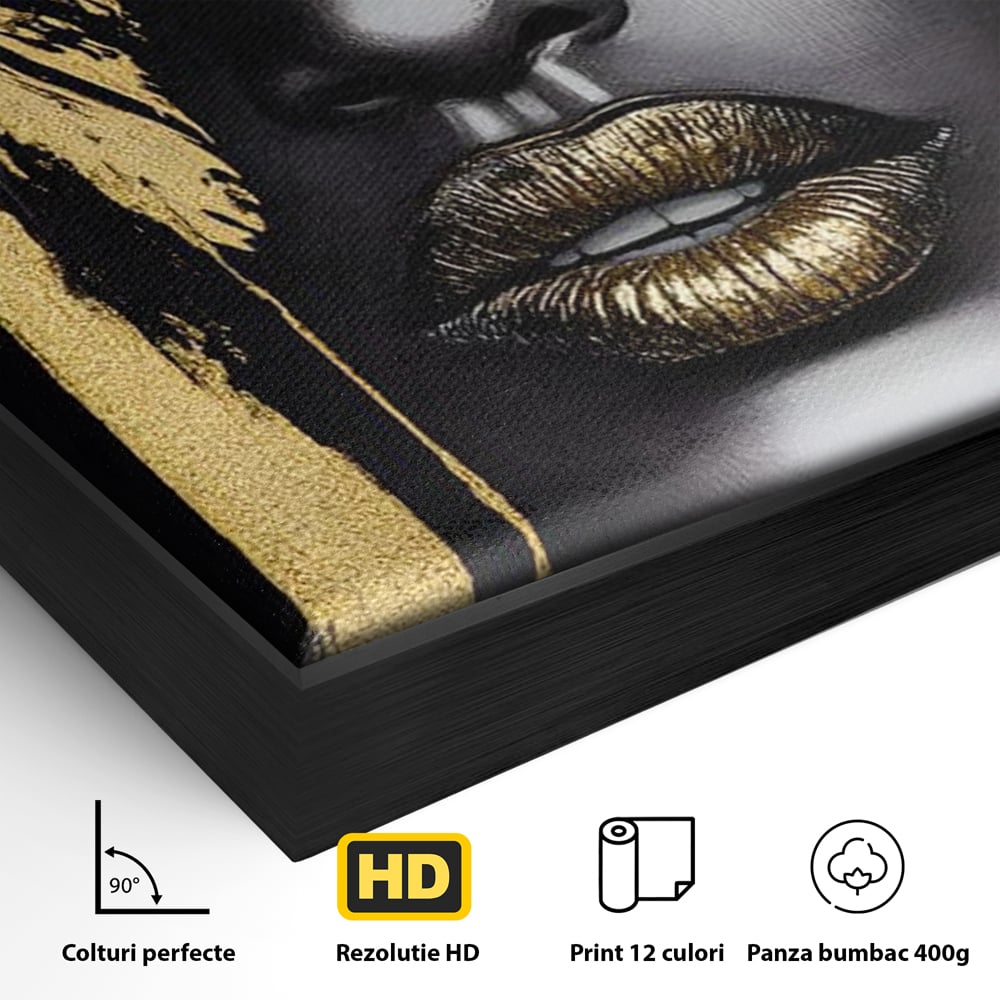 Detaliu al suprafetei: tablou canvas cu portret stilizat de femeie, in rama de aluminiu negru