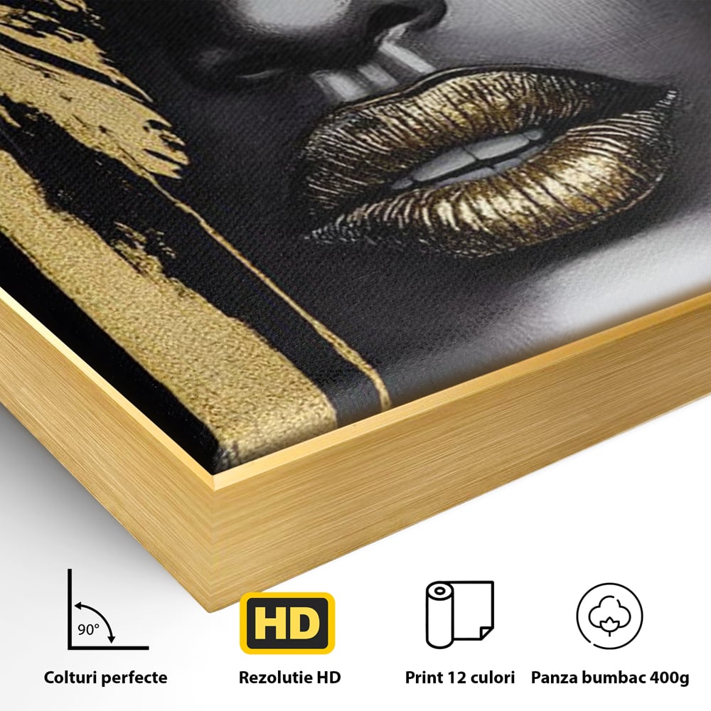 Detaliu al suprafetei: tablou canvas cu portret stilizat de femeie, in rama de aluminiu auriu