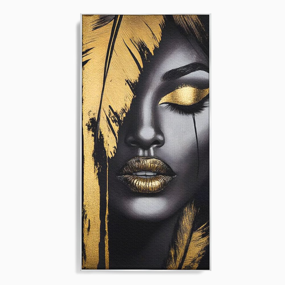 Tablou canvas cu tablou canvas cu portret stilizat de femeie, in rama de aluminiu argintiu