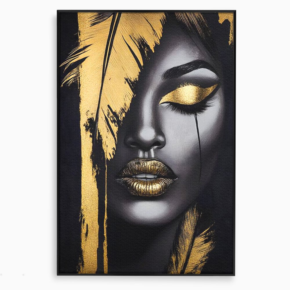 Tablou canvas cu tablou canvas cu portret stilizat de femeie, in rama de aluminiu negru