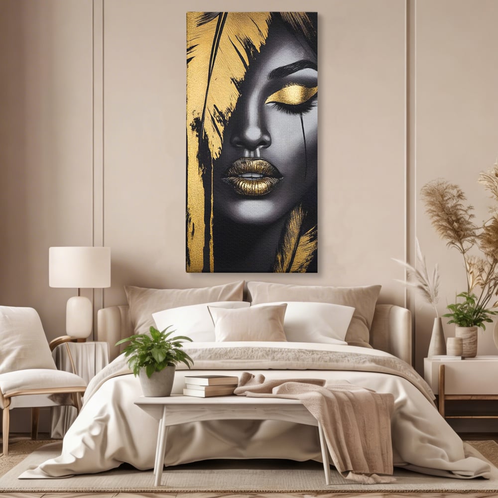 Tablou canvas cu tablou canvas cu portret stilizat de femeie, fara rama, pe sasiu de lemn, pe perete intr-un dormitor