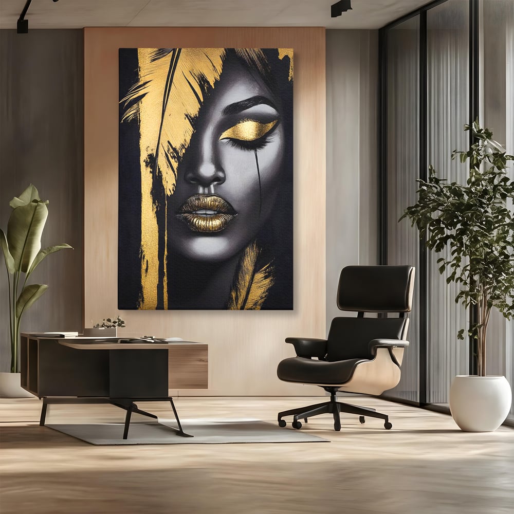 Tablou canvas cu tablou canvas cu portret stilizat de femeie, fara rama, pe sasiu de lemn, pe perete intr-un birou