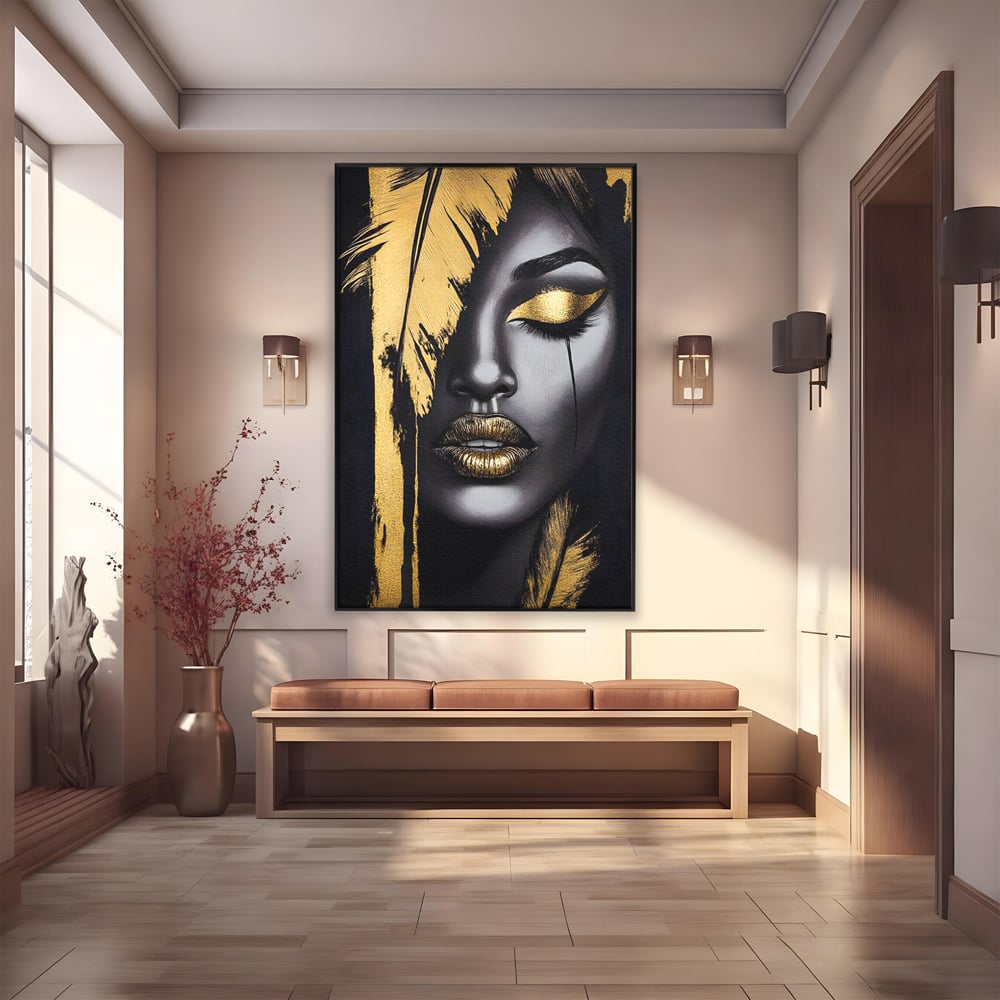Tablou canvas cu tablou canvas cu portret stilizat de femeie, in rama de aluminiu negru