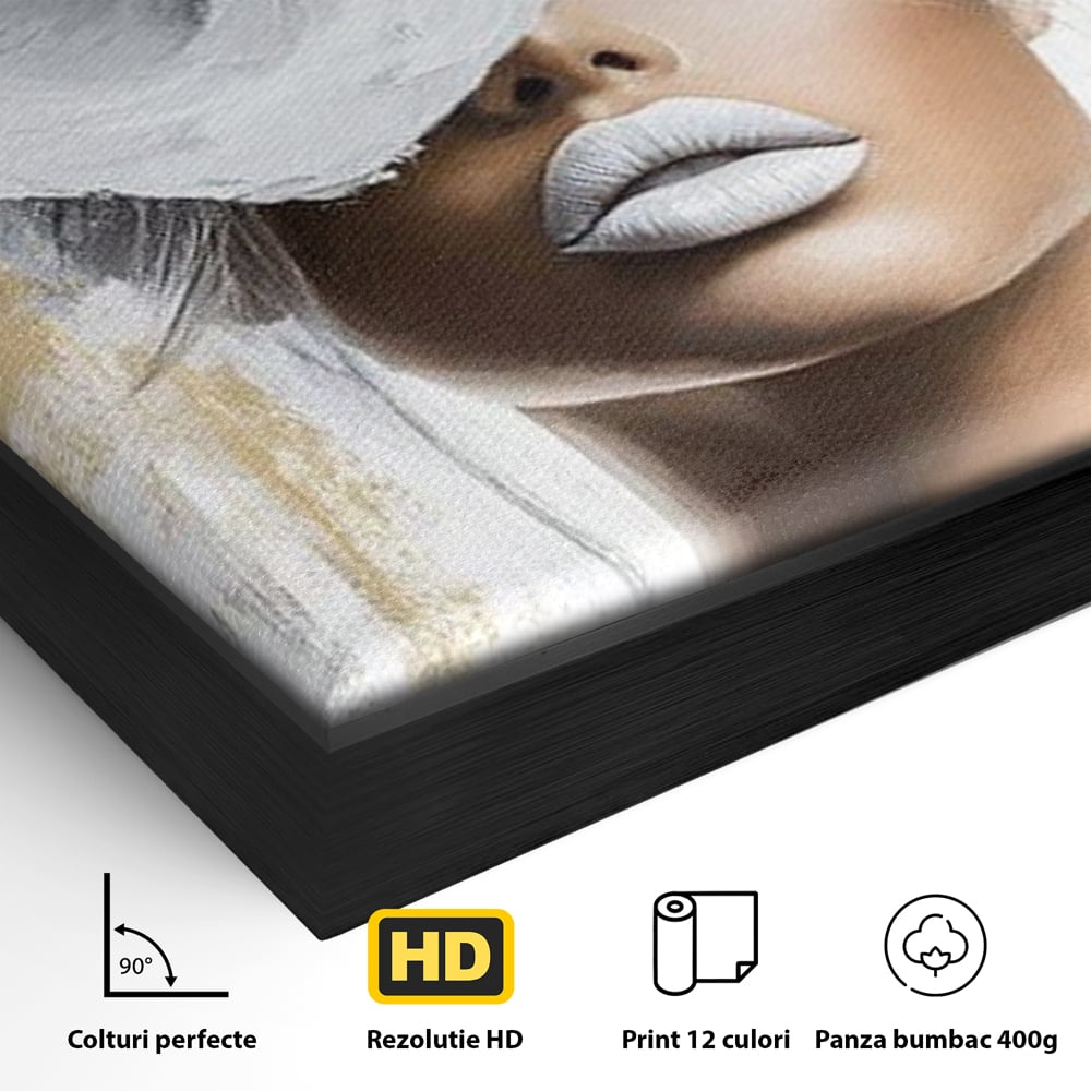 Detaliu al suprafetei: tablou canvas cu portret de femeie si magnolie, in rama de aluminiu negru