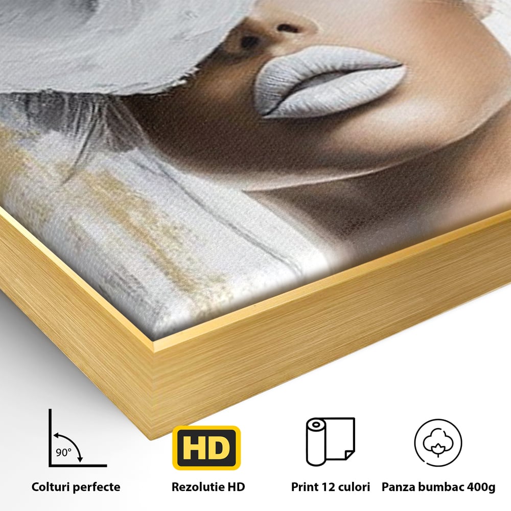 Detaliu al suprafetei: tablou canvas cu portret de femeie si magnolie, in rama de aluminiu auriu
