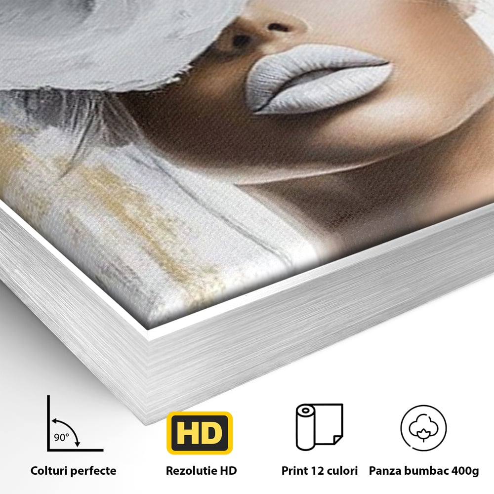 Detaliu al suprafetei: tablou canvas cu portret de femeie si magnolie, in rama de aluminiu argintiu