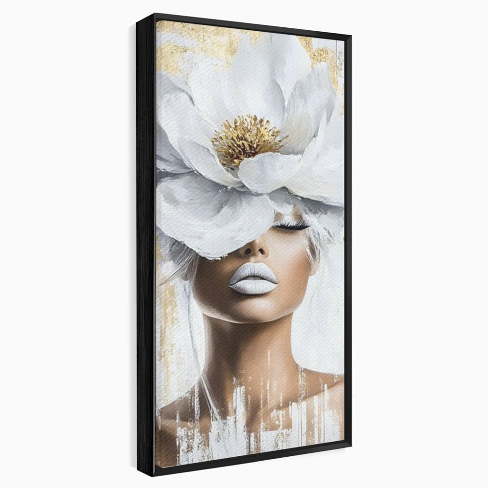 Tablou canvas cu tablou canvas cu portret de femeie si magnolie, in rama de aluminiu negru