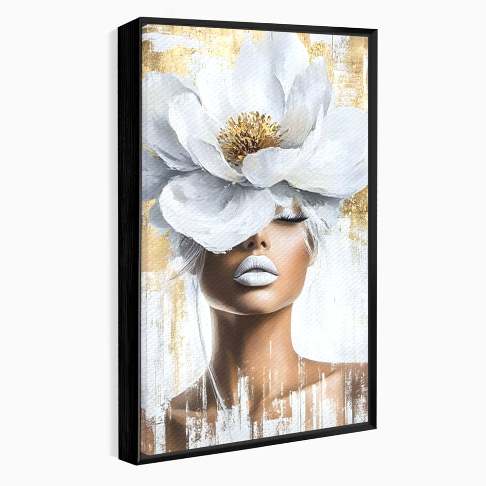 Tablou canvas cu tablou canvas cu portret de femeie si magnolie, in rama de aluminiu negru