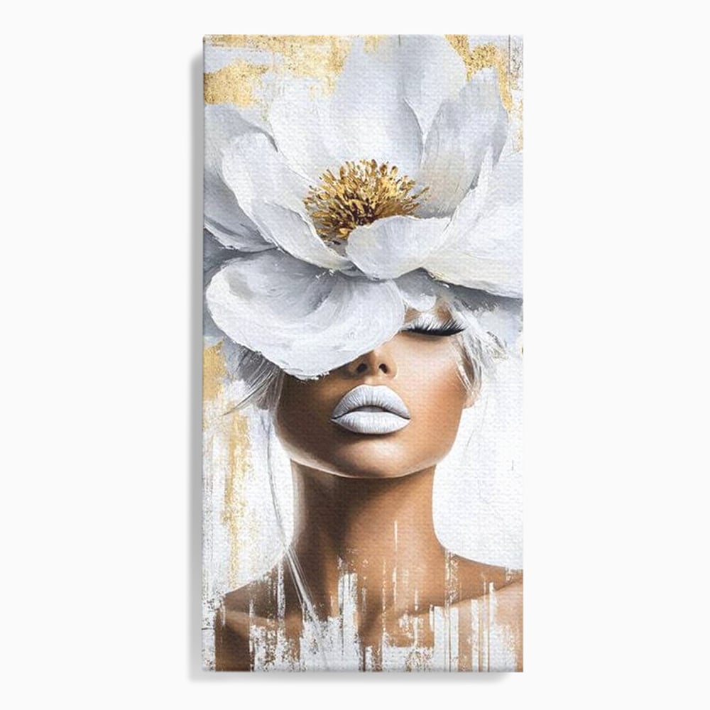 Tablou canvas cu tablou canvas cu portret de femeie si magnolie, fara rama, pe sasiu de lemn