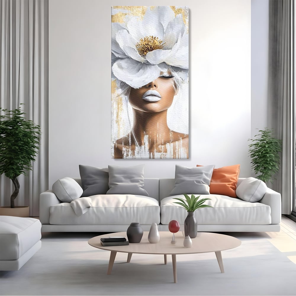 Tablou canvas cu tablou canvas cu portret de femeie si magnolie, fara rama, pe sasiu de lemn, pe perete intr-un living