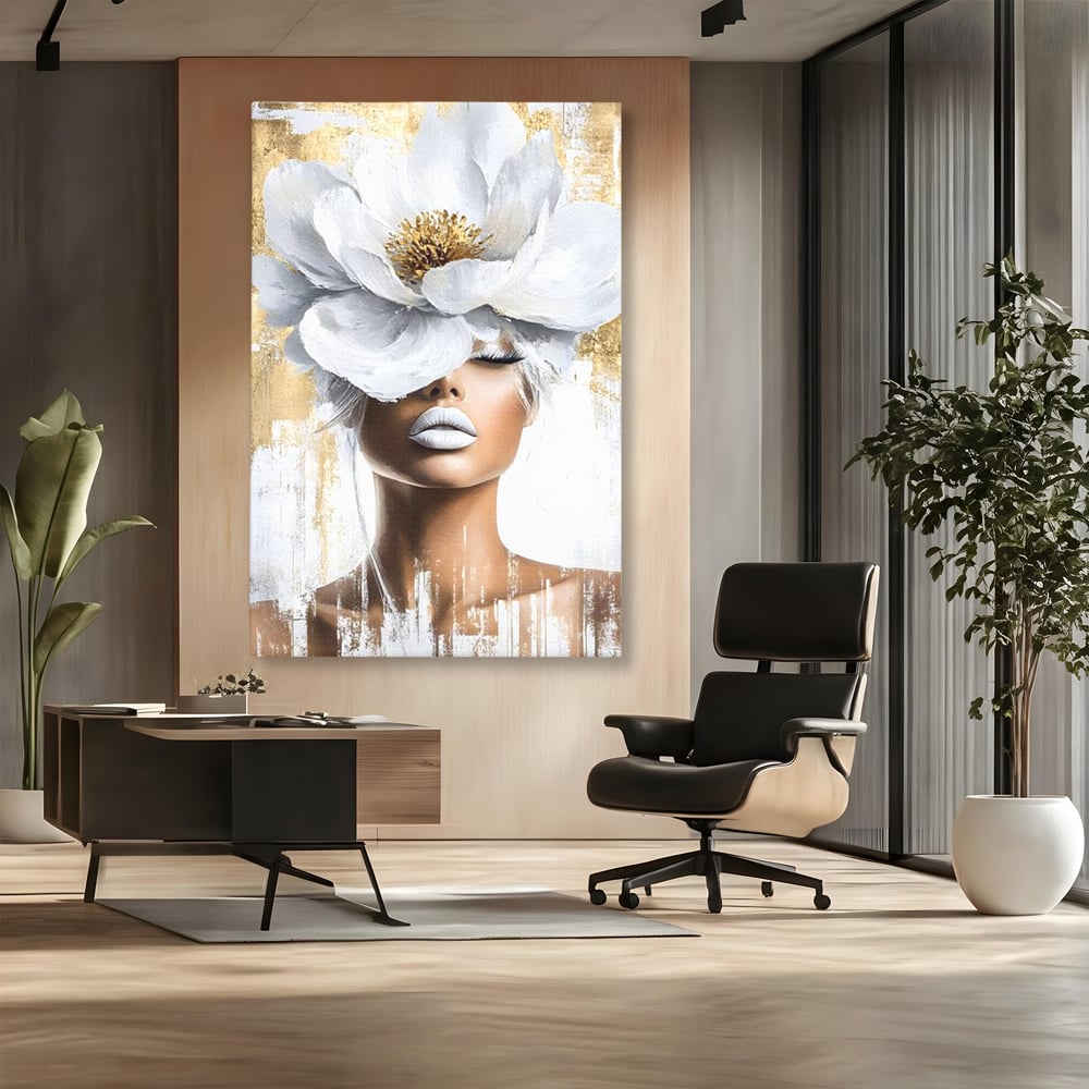 Tablou canvas cu tablou canvas cu portret de femeie si magnolie, fara rama, pe sasiu de lemn, pe perete intr-un birou