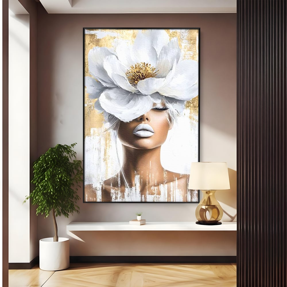 Tablou canvas cu tablou canvas cu portret de femeie si magnolie, in rama de aluminiu negru