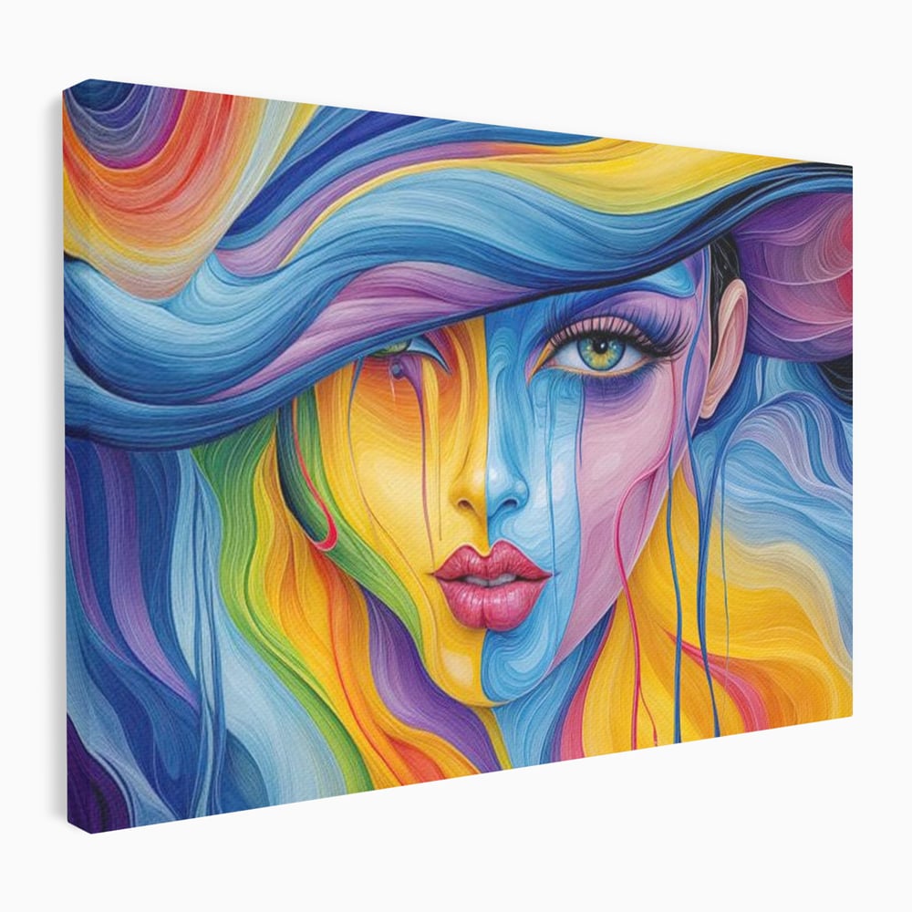 Tablou canvas cu tablou canvas cu portret de femeie in culori curcubeu, fara rama, pe sasiu de lemn