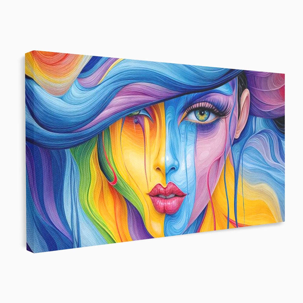 Tablou canvas cu tablou canvas cu portret de femeie in culori curcubeu, fara rama, pe sasiu de lemn