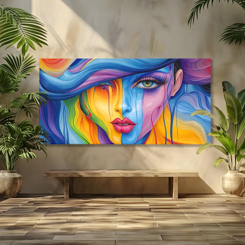 Tablou canvas cu tablou canvas cu portret de femeie in culori curcubeu, fara rama, pe sasiu de lemn
