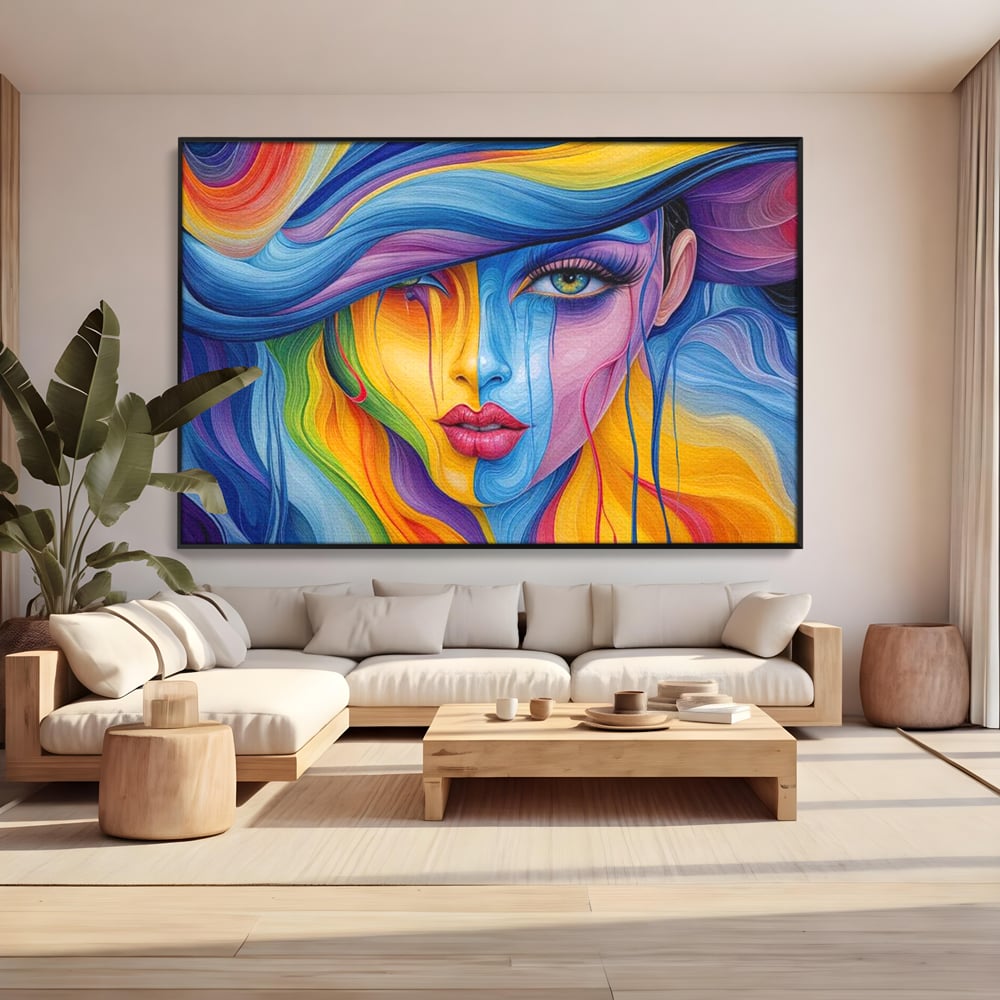 Tablou canvas cu tablou canvas cu portret de femeie in culori curcubeu, in rama de aluminiu negru, pe perete intr-un living
