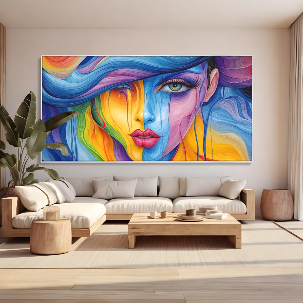 Tablou canvas cu tablou canvas cu portret de femeie in culori curcubeu, in rama de aluminiu argintiu, pe perete intr-un living
