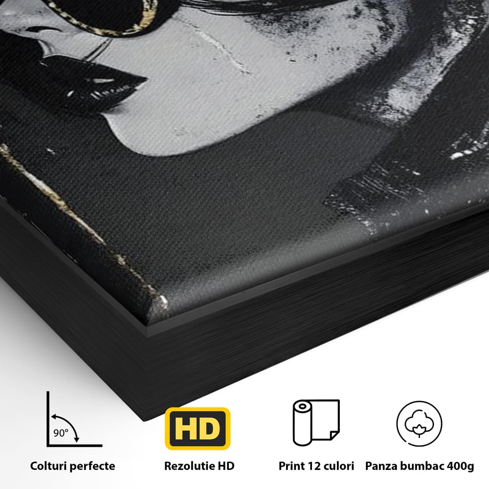 Detaliu al suprafetei: tablou canvas cu portret de femeie, in rama de aluminiu negru