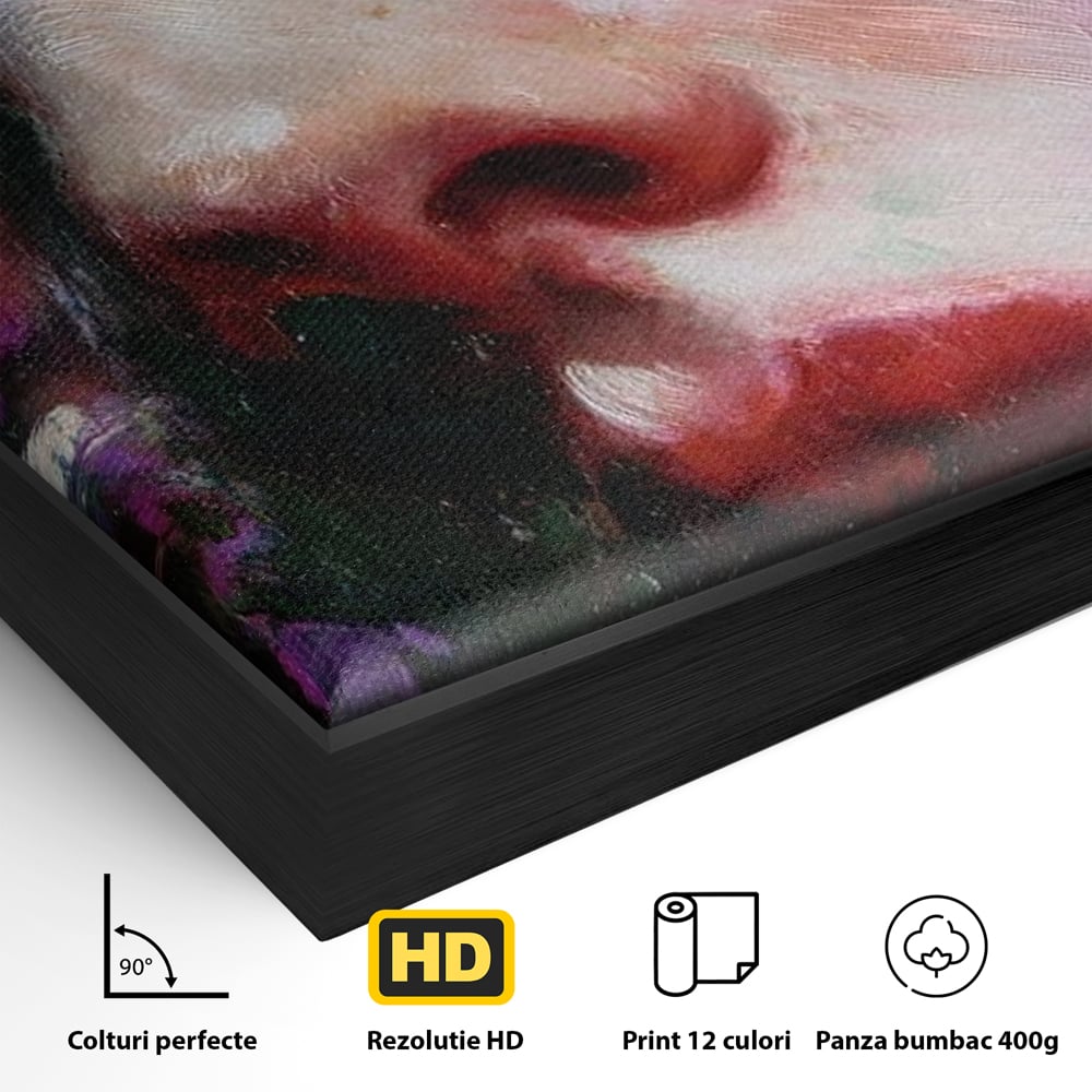 Detaliu al suprafetei: tablou canvas cu portret expresionist de femeie, in rama de aluminiu negru