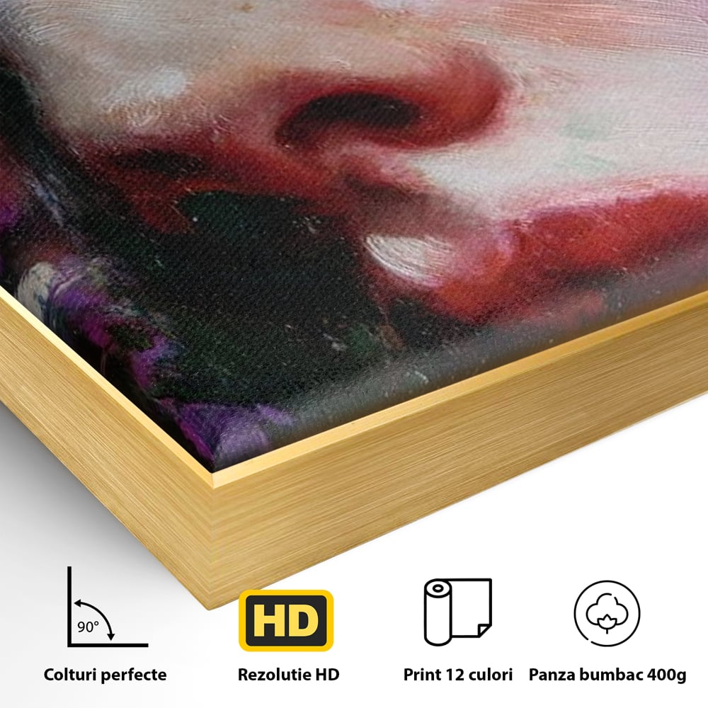 Detaliu al suprafetei: tablou canvas cu portret expresionist de femeie, in rama de aluminiu auriu