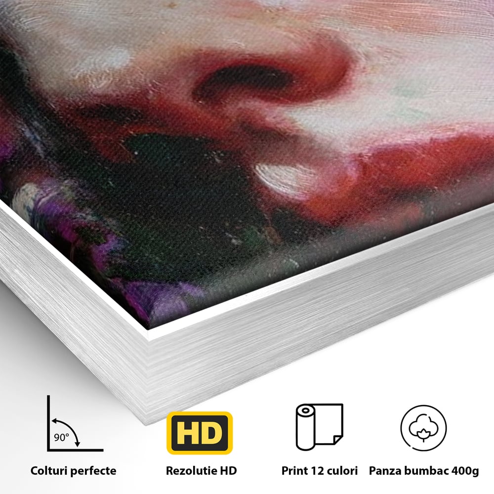 Detaliu al suprafetei: tablou canvas cu portret expresionist de femeie, in rama de aluminiu argintiu
