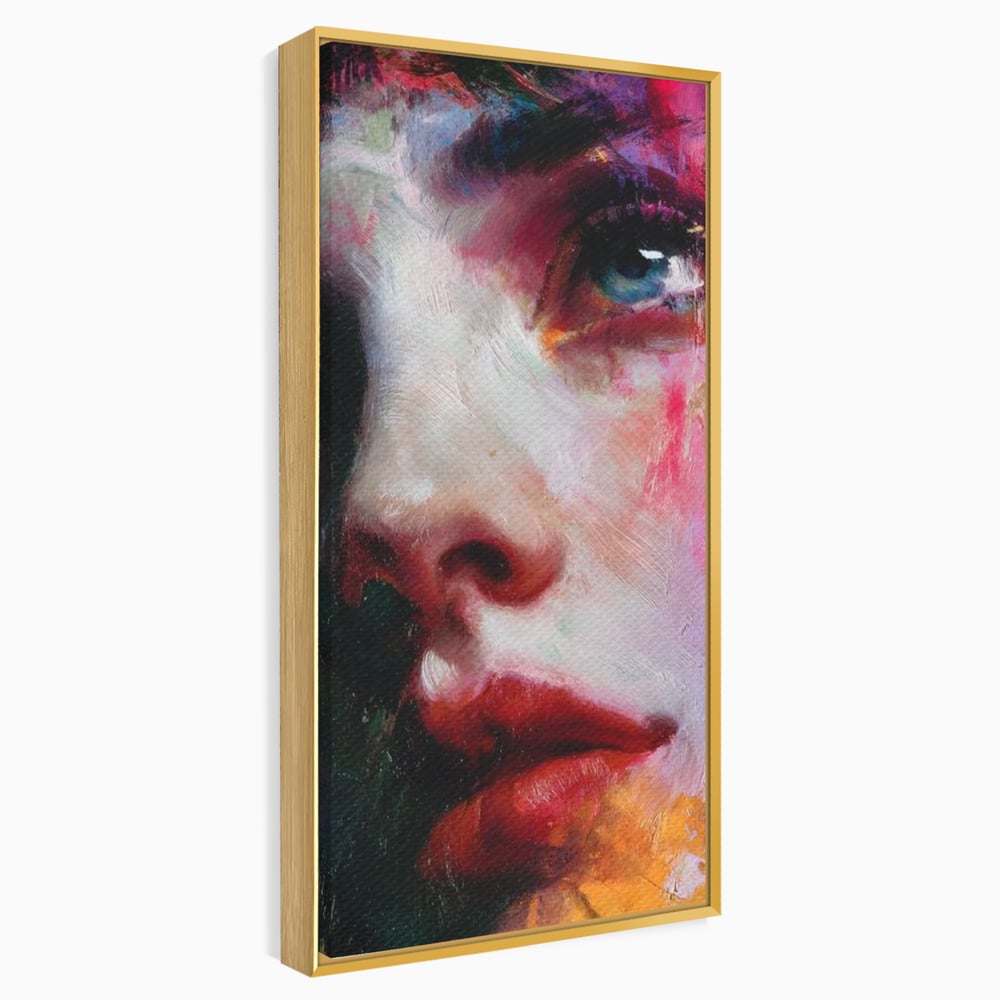 Tablou canvas cu tablou canvas cu portret expresionist de femeie, in rama de aluminiu auriu