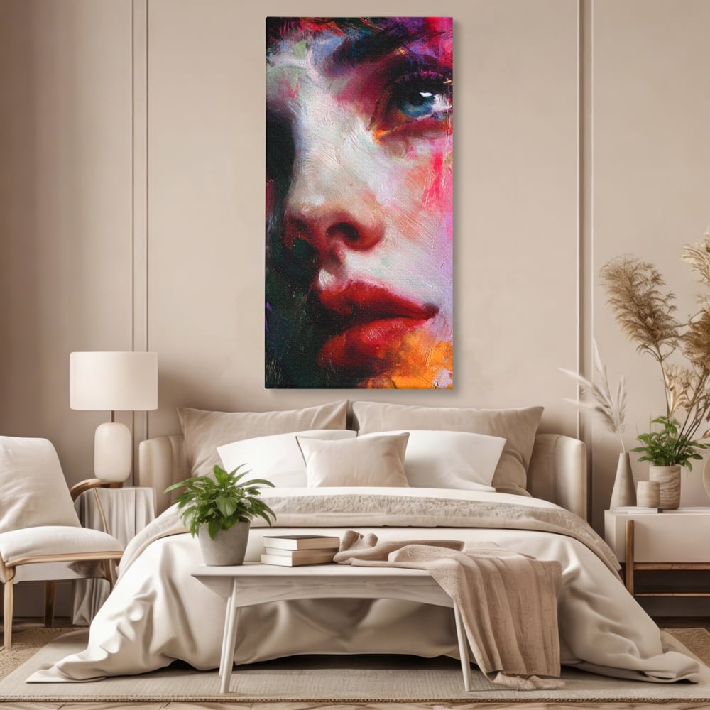 Tablou canvas cu tablou canvas cu portret expresionist de femeie, fara rama, pe sasiu de lemn, pe perete intr-un dormitor
