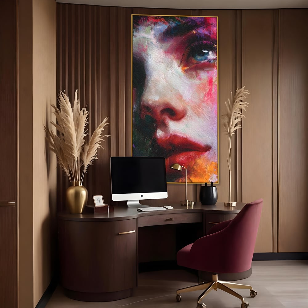 Tablou canvas cu tablou canvas cu portret expresionist de femeie, in rama de aluminiu auriu, pe perete intr-un birou