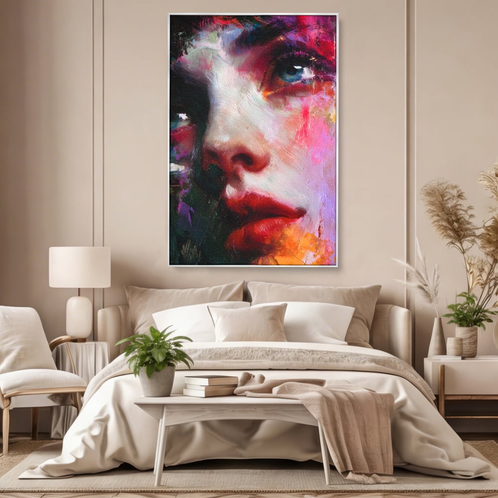 Tablou canvas cu tablou canvas cu portret expresionist de femeie, in rama de aluminiu argintiu, pe perete intr-un dormitor
