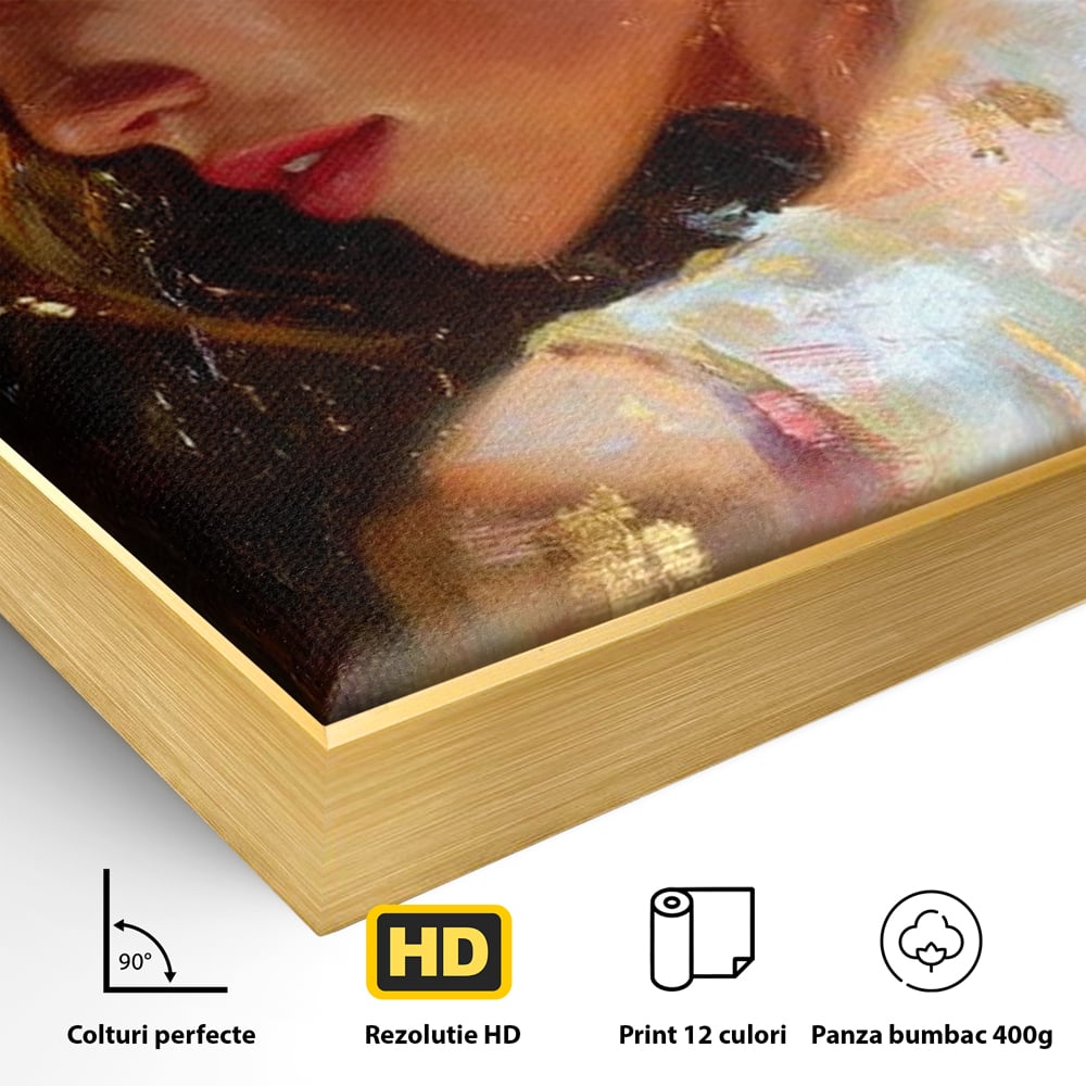 Detaliu al suprafetei: tablou canvas cu portret feminin auriu, in rama de aluminiu auriu