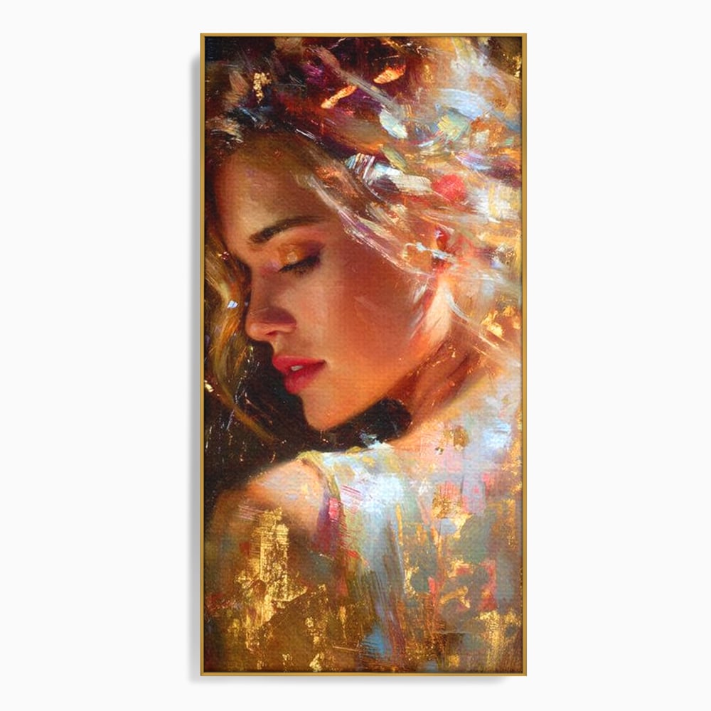 Tablou canvas cu tablou canvas cu portret feminin auriu, in rama de aluminiu auriu