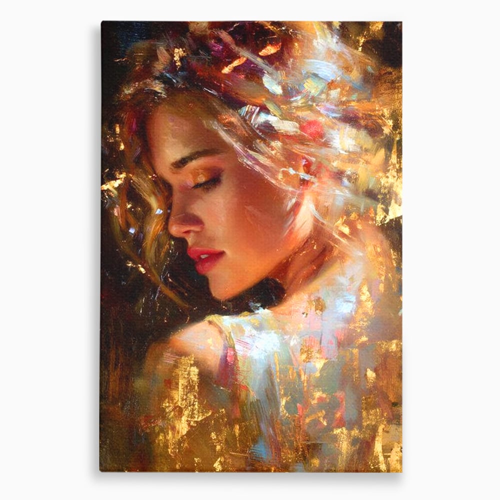 Tablou canvas cu tablou canvas cu portret feminin auriu, fara rama, pe sasiu de lemn