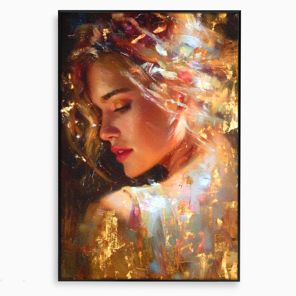 Tablou canvas cu tablou canvas cu portret feminin auriu, in rama de aluminiu negru
