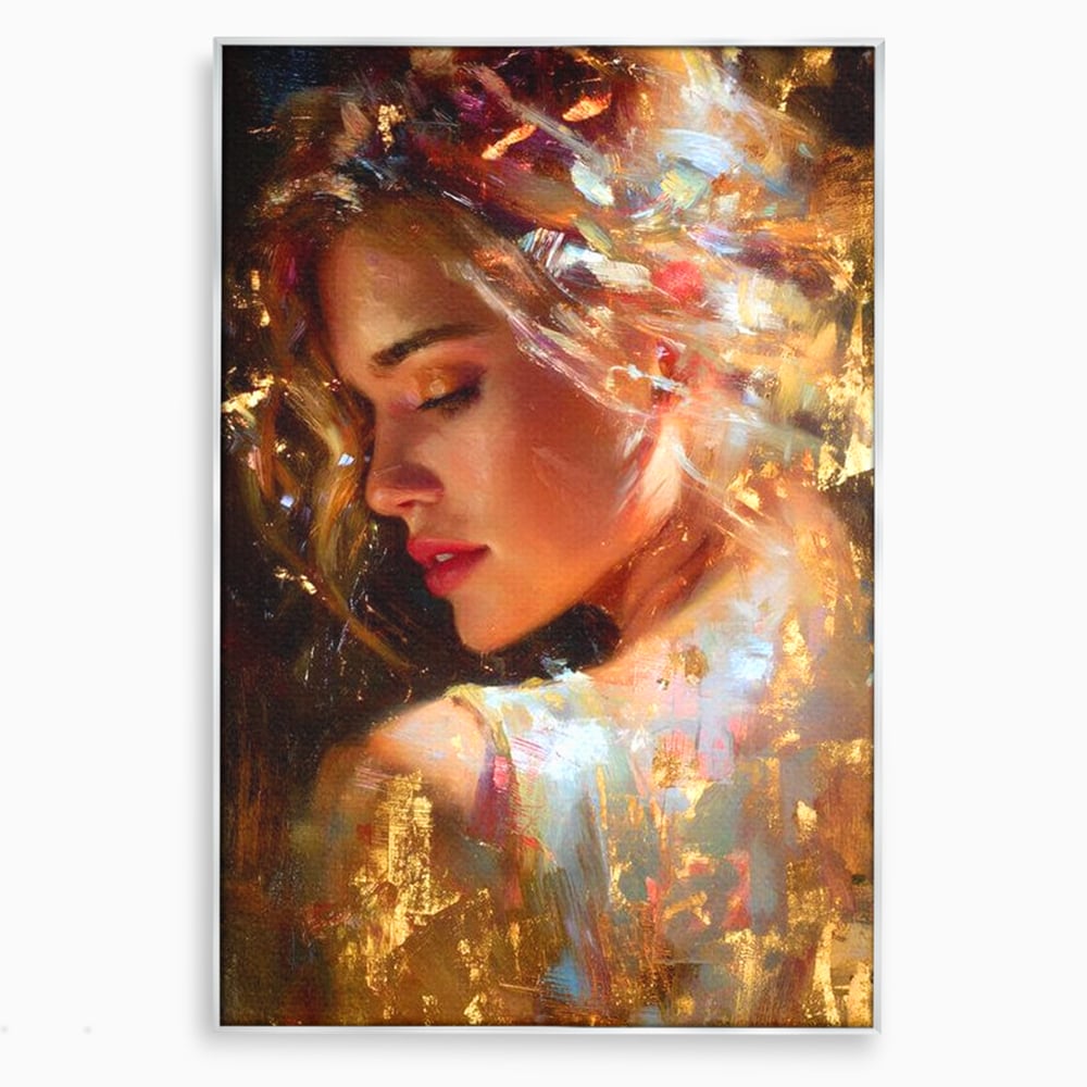 Tablou canvas cu tablou canvas cu portret feminin auriu, in rama de aluminiu argintiu