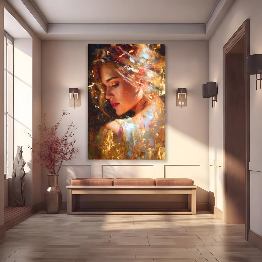 Tablou canvas cu tablou canvas cu portret feminin auriu, fara rama, pe sasiu de lemn