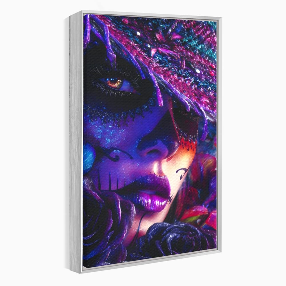Tablou canvas cu tablou canvas cu portret feminin mov, in rama de aluminiu argintiu