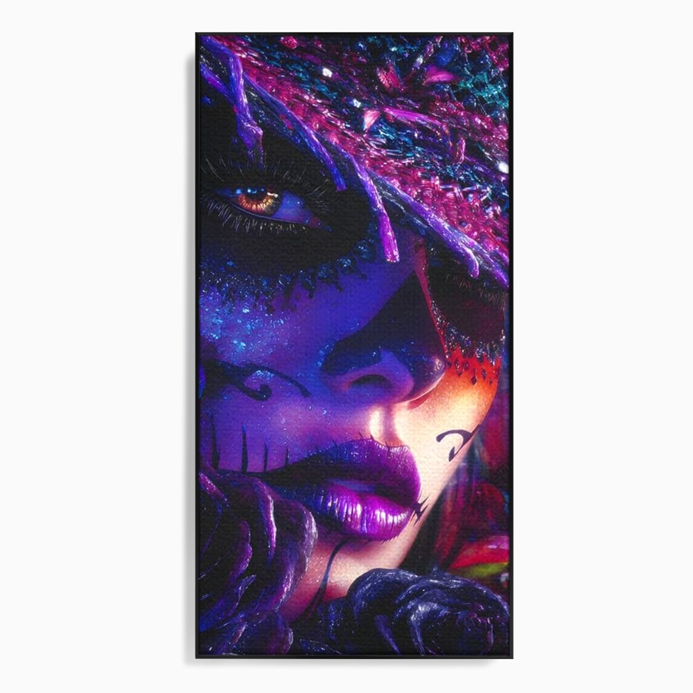 Tablou canvas cu tablou canvas cu portret feminin mov, in rama de aluminiu negru
