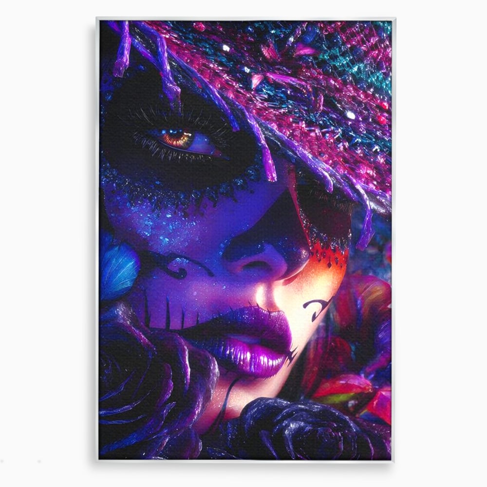 Tablou canvas cu tablou canvas cu portret feminin mov, in rama de aluminiu argintiu