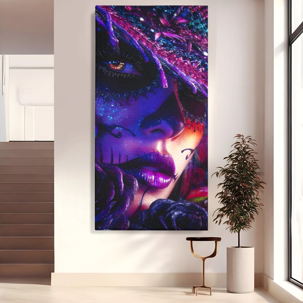 Tablou canvas cu tablou canvas cu portret feminin mov, fara rama, pe sasiu de lemn