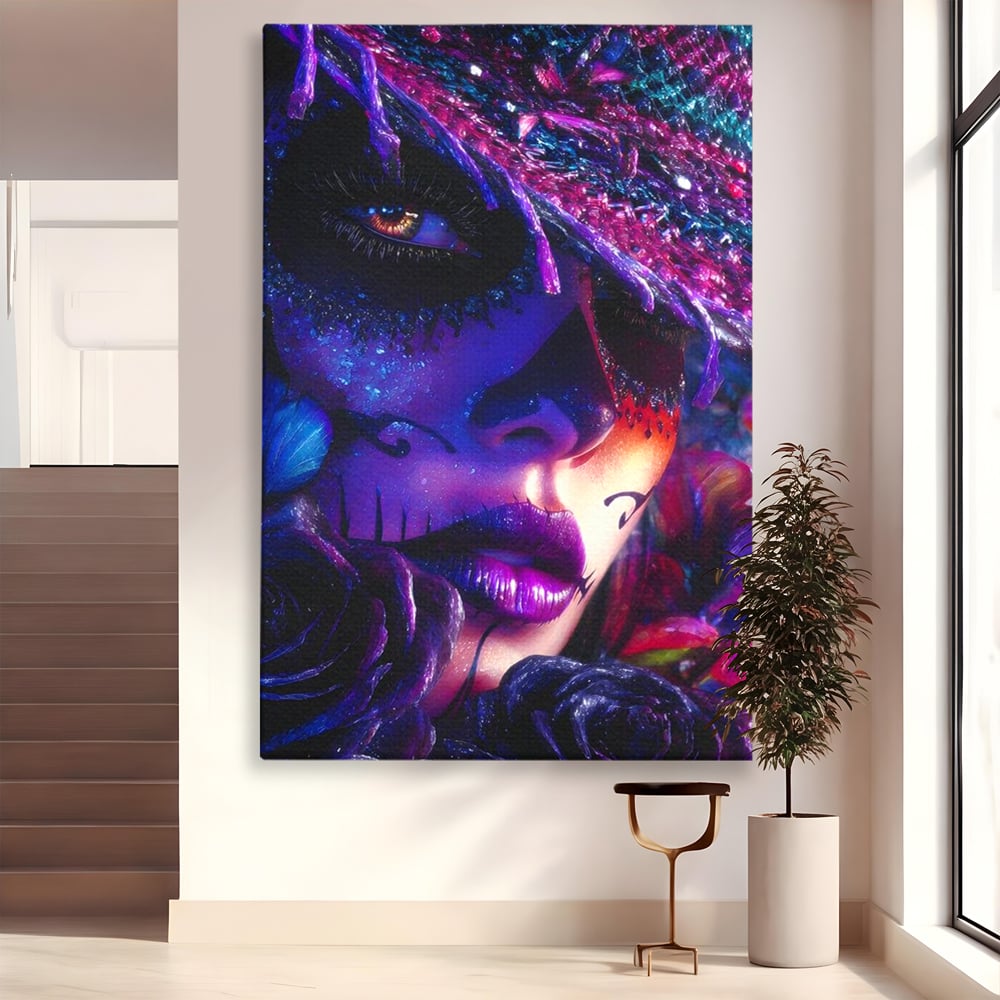 Tablou canvas cu tablou canvas cu portret feminin mov, fara rama, pe sasiu de lemn