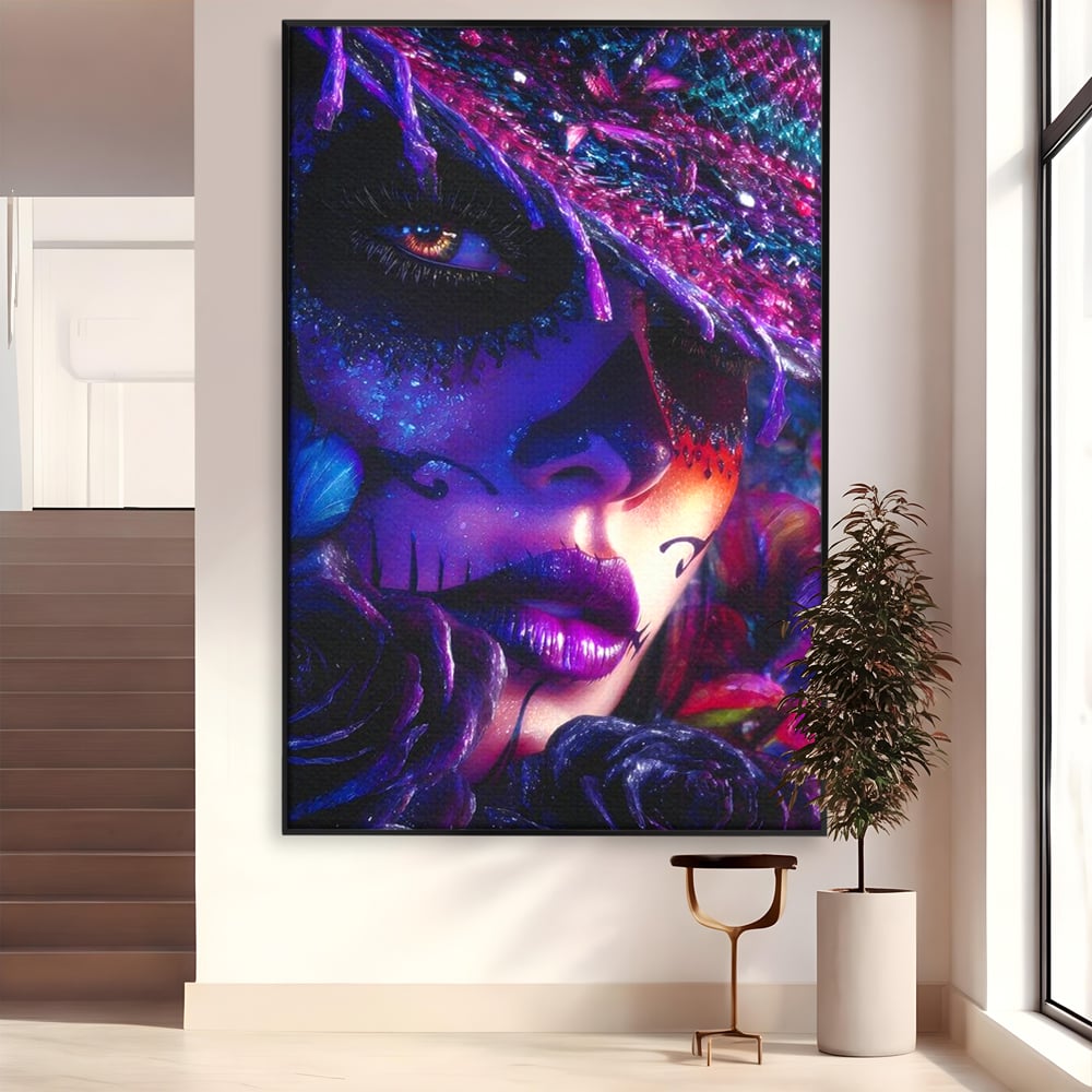 Tablou canvas cu tablou canvas cu portret feminin mov, in rama de aluminiu negru