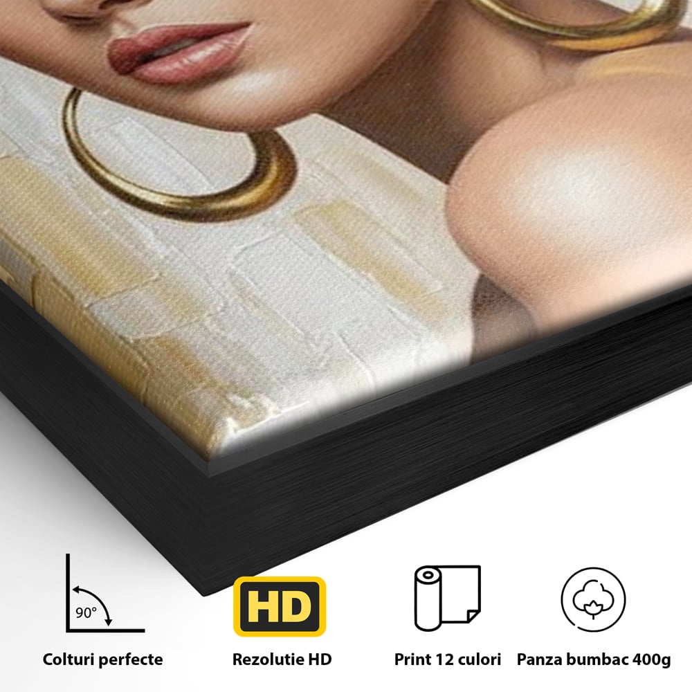 Detaliu al suprafetei: tablou canvas cu portret de femeie, in rama de aluminiu negru